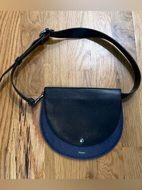 Theory Post Saddle Belt Bag Black Leather Navy Denim Silver Hardware